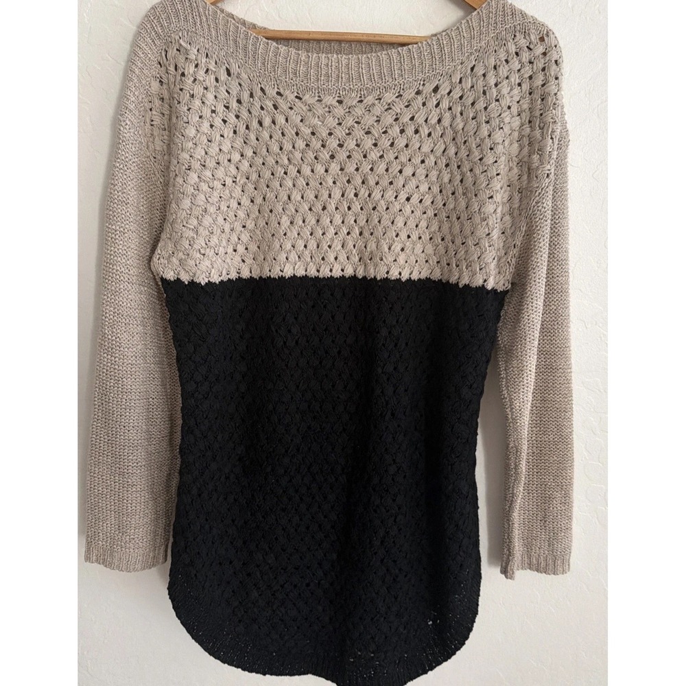 Soft Surroundings L Open Knit ColorBlock Sweater Neutral Boatneck Minimalist - Picture 1 of 5